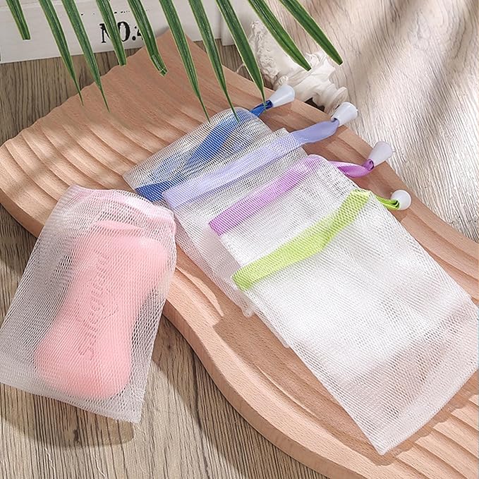 INVODA Handmade Soap Easy Bubble Mesh Soap Saver Bag Double Layer Drawstring Holder Bags Foam Net for Body Facial Cleaning Exfoliation Body Cleaning Tool (5 PCS)