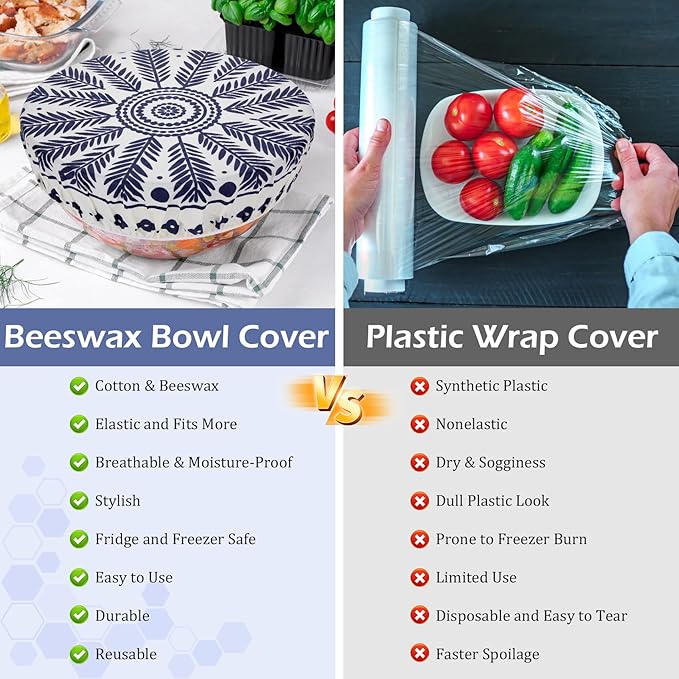2 Large Reusable Beeswax Bowl Covers for Bread Proofing, 10/12 Inch Elastic Beeswax Wraps Cotton Cloth Sourdough Bowl Covers for Proofing Baskets, Mixer Bowls, Food Storage Containers
