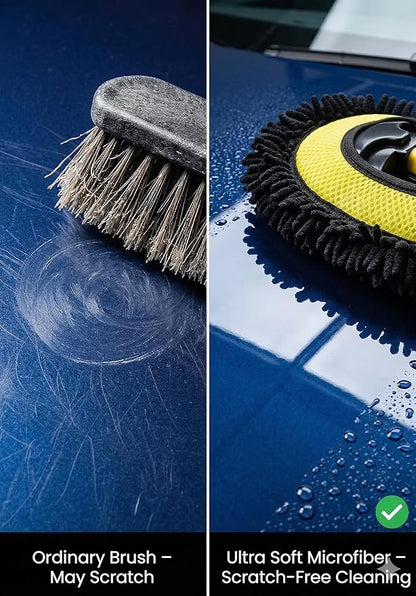 Car Wash Brush with Long Handle, Chenille Microfiber Car Wash Mop, Scratch-Free Cleaning Brush with Adjustable Extension Pole, Includes Replacement Head & Cleaning Cloth for Car, RV, Truck, SUV