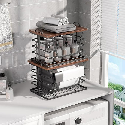 Trash Bag Holders with Wood Top, Large & Small Garbage Bag Dispenser for Kitchen, Pantry, Laundry Room Organization, Wall Mount or Countertop Use, Black Larger
