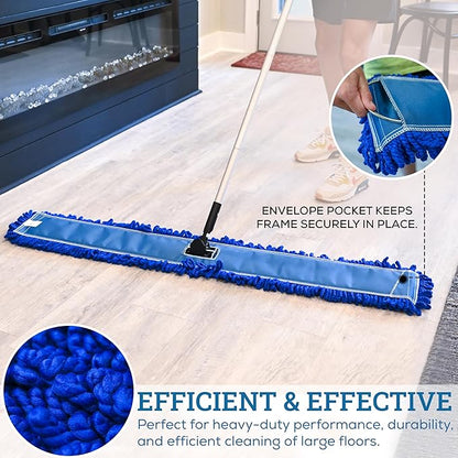 KLEEN HANDLER 48 Inch Microfiber Dust Mop, X-Large Washable Commercial, Sweeper, Janitorial Head Replacement, Push Mop Broom, Blue