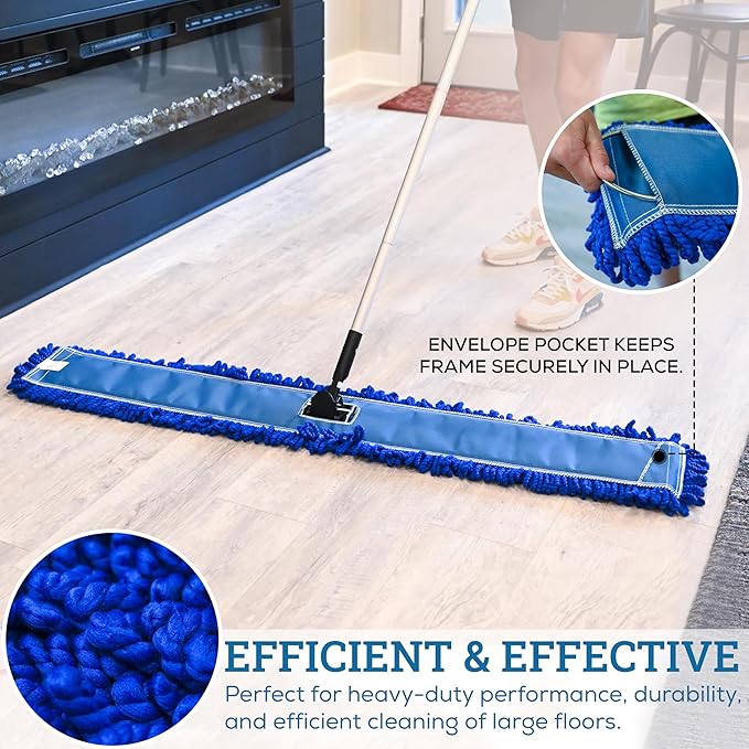 KLEEN HANDLER 48 Inch Microfiber Dust Mop Bulk Pack of 12, X-Large Washable Commercial Dust Mop, Sweeper, Janitorial Mop Head Replacement, Push Mop Broom, Blue