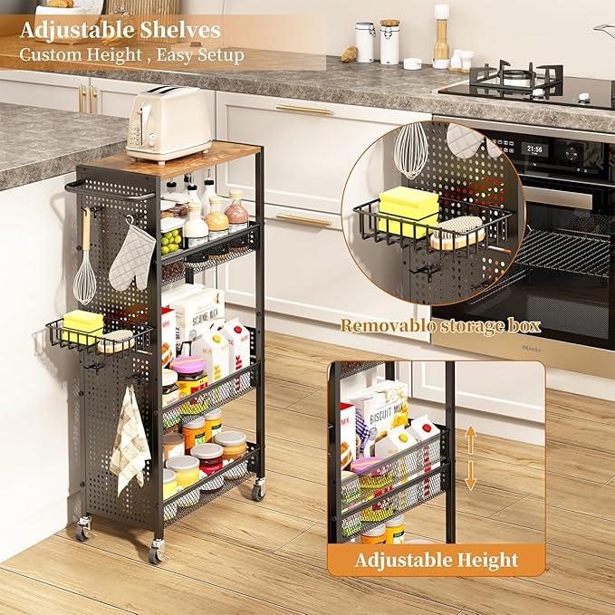 Slim Storage Rolling Cart: 4-Tier Narrow Metal & Wood Utility Cart with Wheels for Kitchen/Laundry/Bathroom(Black)