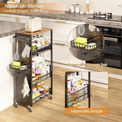 Slim Storage Rolling Cart: 4-Tier Narrow Metal & Wood Utility Cart with Wheels for Kitchen/Laundry/Bathroom(Black)