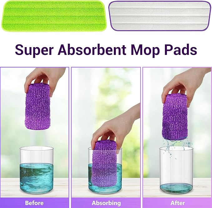 ARSUK Reusable Mop Pads Compatible with Swiffer PowerMop – Washable Velcro Replacement Microfiber Refills for 13''–16'' Spray Mop, Multi-Surface Cleaning Pads (3 Purple + 3 Green)