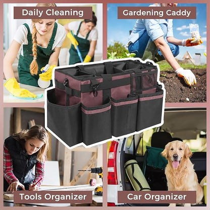 SCAVATA Wearable Cleaning Caddy, Cleaning Caddy Supplies Organizer with Handle & Shoulder Straps for Housekeepers, Under Sink & Car Cleaning Tool Organizers Bag with 4 Foldable Divider (LotusPink)