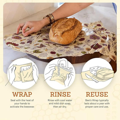 Bee's Wrap Beeswax Wraps for Food - Pack of 2 Bread Wraps - Meadow Magic & Honeycomb - Plastic Free Made in USA Reusable Bread Storage Bags - Organic & Sustainable Sourdough Bags