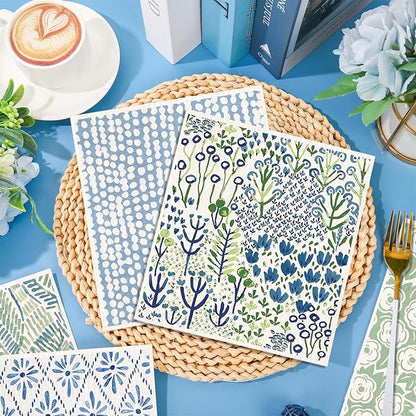 AnyDesign 6 Pcs Green Blue Floral Swedish Dishcloths Spring Flower Cotton Kitchen Towel Reusable Absorbent Dish Towel for Home Kitchen Housewarming Cleaning, 7 x 8 Inch