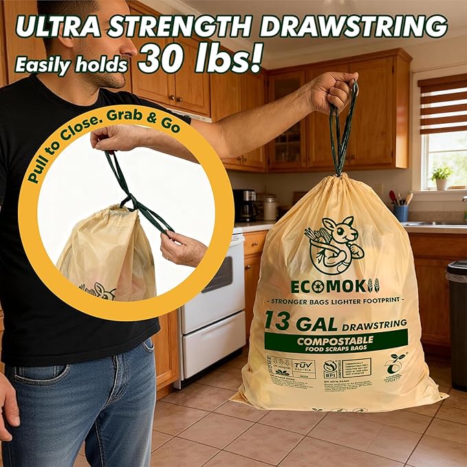 EcoMokii 13 Gallon Compostable Trash Bags with Drawstring, 30 Count, 49.2 Liter, 1.2 Mil Heavy Duty Extra Thick Large Kitchen Garbage Bin Liners, Compost Food Scraps Bag, BPI (ASTM D6400)