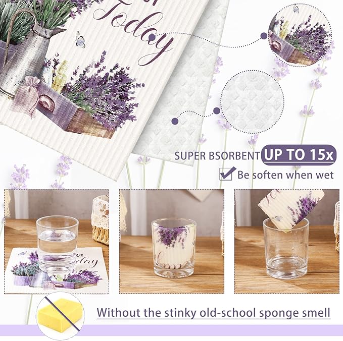 Cunhill 6 Pcs Swedish Kitchen Dish Cloths Kitchen Towels Reusable Sponge Cleaning Cloths Wipes Absorbent Dish Cloth Quick Drying Washable Decorative Tea Towels No Odor Bar Hand Towel (Lavender)