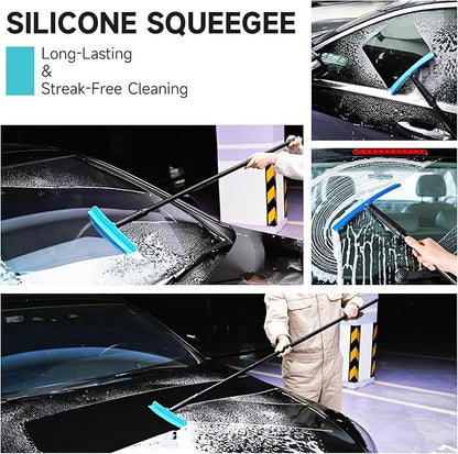 FOSHIO TPU Squeegee 10-Inch Blade with 4 Extension Poles (Extends up to 63 Inches), Anti-Slip Grip Handle Rubber Squeegee Streak-Free Cleaning for Car Windows, Shower Doors, Mirrors, Glass