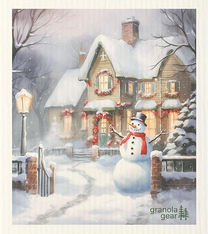 Home by GranolaGear-Christmas Swedish Dishcloths for Kitchen 6-Pack Reusable Paper Towels, Eco-Friendly, Compostable, Biodegradable Dish Wash Cloth Sponge, Winter Holiday Snowman Art-Cozy Snow Day