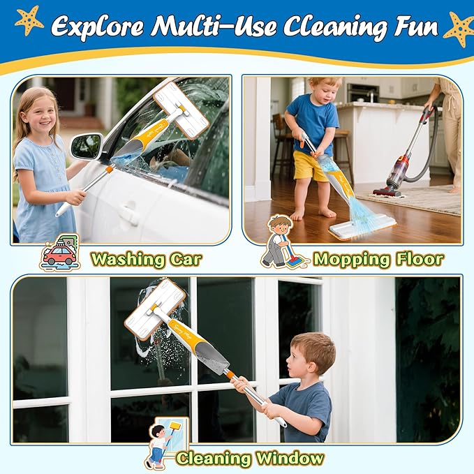 Kids Spray Mop Toy - Real Working Toddler Cleaning Set with 420ML Water Bottle, Scraper & 2 Washable Pads, Montessori Housekeeping Cleaning Toy for Pretend Play