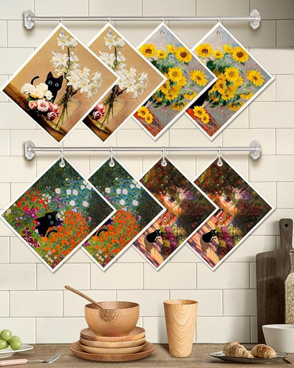 Miss Adola Swedish Dishcloths for Kitchen - Cute 8 Pack Compostable Patterned Cotton Dish Cloths Absorbent Swedish Paper Towels Reusable Kitchen Dish Towels, Cat in Flowers