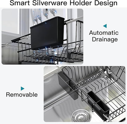 Dish Drying Rack Over the Sink In Stainless Steel Black Expandable Drainer for Small Kitchen, Counter Space Saving Compact Inside Sink Plate Dryer, Adjustable Hanging Metal Wire Strainer Drain Holder