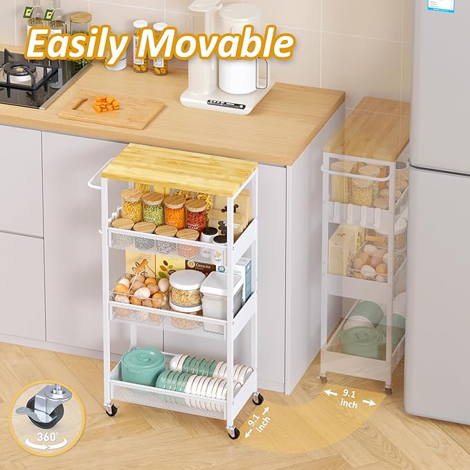 9.1" Wide Slim Rolling Utility Cart, 4 Tier Metal Narrow Storage Cart with Handle and Wood Top, Multifunctional Small Mobile Shelf Unit Organizer Trolley for Laundry, Bathroom, Kitchen