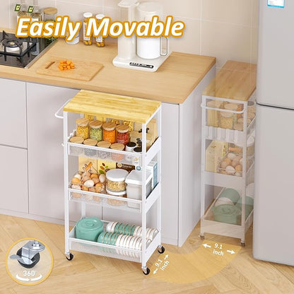 9.1" Wide Slim Rolling Utility Cart, 4 Tier Metal Narrow Storage Cart with Handle and Wood Top, Multifunctional Small Mobile Shelf Unit Organizer Trolley for Laundry, Bathroom, Kitchen