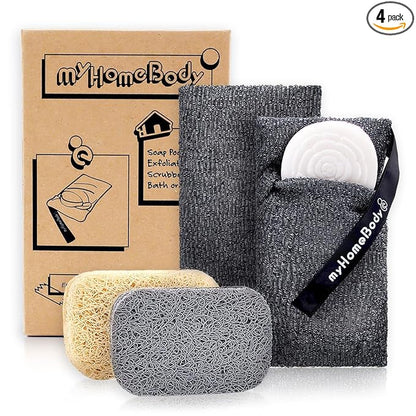 myHomeBody Soap Pocket Exfoliating Pouch, Body Scrubber Sponge, Exfoliator for Bath, Shower or Leftover Bits Saver, Graphite Gray, 2 Pack + 2 Lift Pads