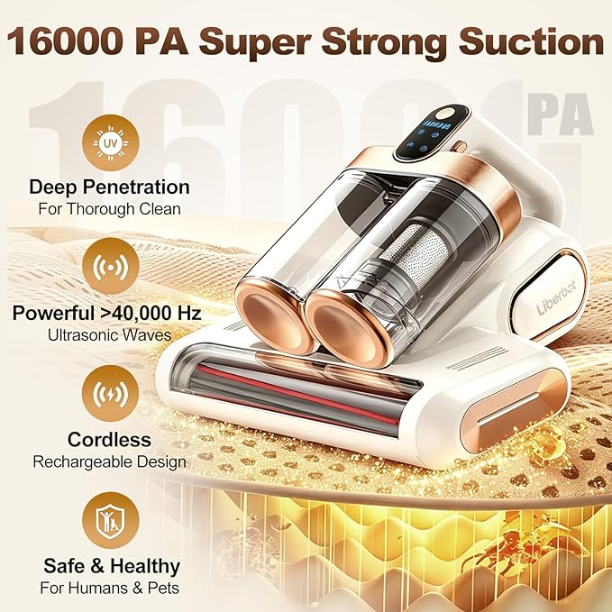 Mattress Vacuum Cleaner, Cordless Bed Vacuum with 16KPa Suction (White & Gold)