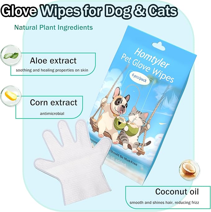 Homtyler Dog Wipes & Cleaning Gloves 2-in-1 for Dogs and Cats, Extra-Thick Pet Wipes with Coconut Oil for Lick-Safe Paws, Eyes, Ears & Body, Rinse-Free Waterless Bath for Deodorizing&Cleansing, 6 PCS