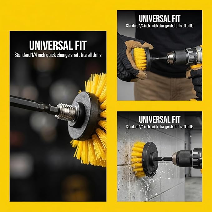 Drill Brush Attachment Set, 5 Pack Power Scrubber Cleaning Brush Kit with Extension Rod for Bathroom, Tub, Tile, Grout, Kitchen, Floor and Wheel Rims (Yellow)