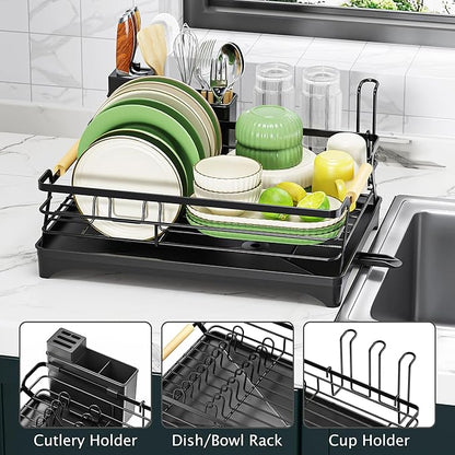 Epicano Dish Drying Rack for Kitchen Counter - Large Capacity Dish Rack with Wooden Handle,Cup Holder & Knife Slots, Rustproof Dish Drainer with Auto-Drainage System, Kitchen Sink Organizer, Black