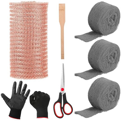 Copper Mesh Rodent Control Kit 1 Pack Rustproof Mesh Roll and 0000 Steel Wool Mouse Hole Filler with Gloves, Scissors for House Garden Home Garage(5in X 14.8ft)