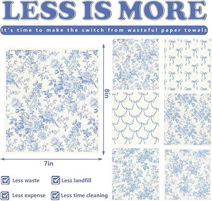 Whaline 6 Pcs Blue White Flower Swedish Dishcloths Chinoiserie Floral Bow Absorbent Decorative Cotton Dish Towel for Home Kitchen Cooking Cleaning Decor Housewarming Gift, 7 x 8 Inch