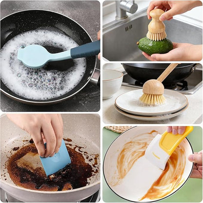 5 in 1 Dish Brush Set with Scraper, Kitchen Scrub Brush for Cleaning, Include Soft and Hard Bristle Scrub Brush, Vegetable Brush, Hard and Soft Scrapers, Suitable for Scrubbing Pots, and Bowls (5)