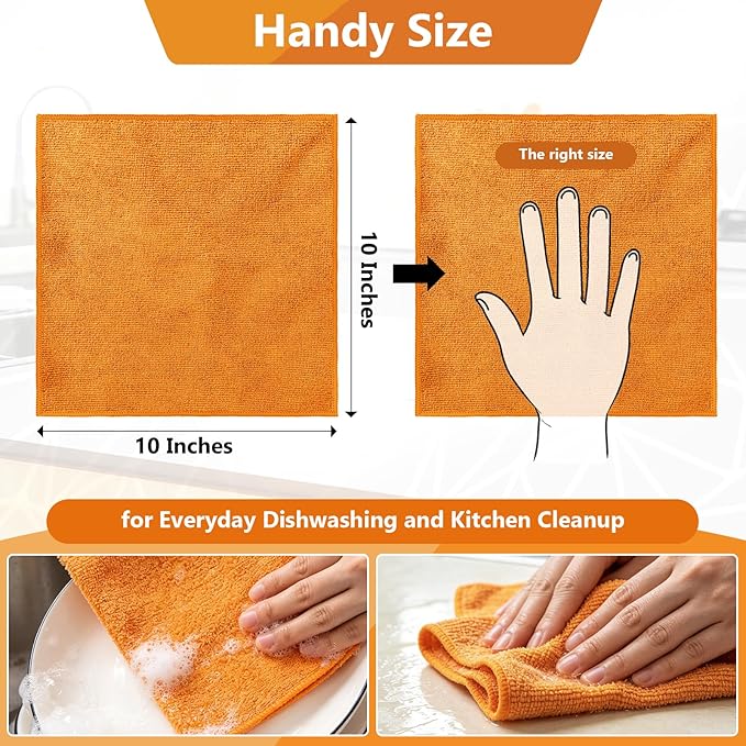 Kitchen Dish Cloths, 12 Pack, 10 x 10 Inches, Super Absorbent Kitchen Towels, Soft Lint Free Reusable Dish Cloths for Nonstick Cookware, Counters and Sink, Orange