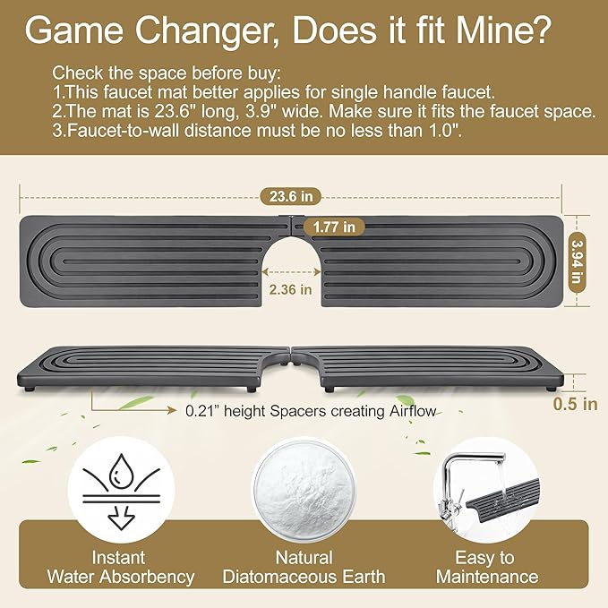 23.6"*3.9" Large size Stone faucet mat for Kitchen sink, Kitchen sink splash guard, Bathroom sink faucet mat, Drying tray for Kitchen Counter & Bathroom vanity, Soap tray Vanity tray (dark grey)