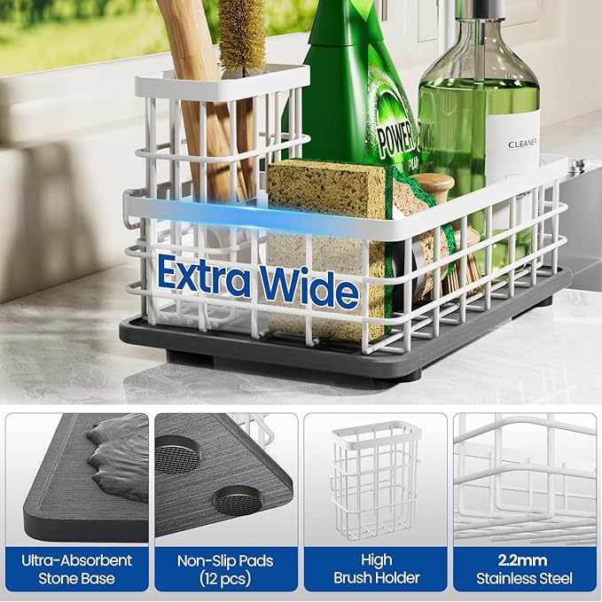 Extra Large Kitchen Sink Caddy Organizer, Stainless Steel Sponge Holder for Kitchen Sink with Brush Holder, Diatomite Stone Sink Tray for Soap Dispenser, Sponge, Kitchen Essentials and Gadgets, White