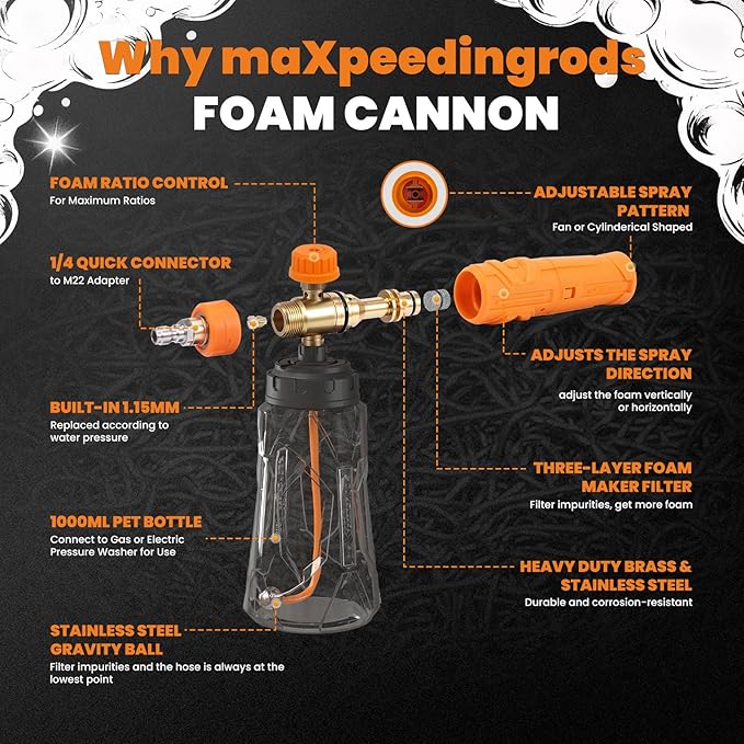 maXpeedingrods Foam Cannon for Pressure Washer, Wide Mouth Quick Release Car Wash Foam Gun with Adjustable Soap Cannon, Thick Snow Foam, 1/4'' Quick Connector, with 2 Orifice Nozzle (Transparent)
