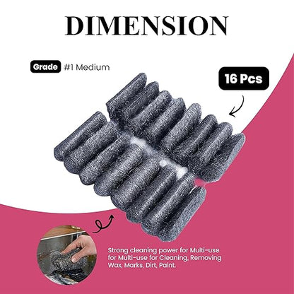 Steel Wool Grade # 1 - Medium Grade - 16 Pads Multi-use for Cleaning, Preparing, Multi-Purpose (#1-16 Pads)