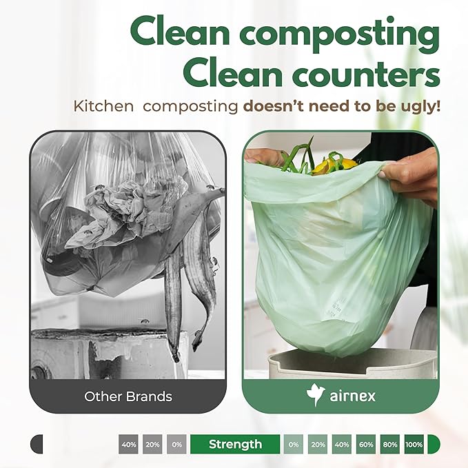 AIRNEX Small Compost Bags 1.6 Gal - 50 Compostable Kitchen Trash Bags for Countertop Bin - Cornstarch Leakproof & Tear-Resistant - OK Compost Home & Seedling Certified 0.18 mm Kitchen Garbage Bags
