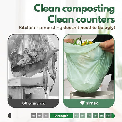 AIRNEX Small Compost Bags 1.6 Gal - 50 Compostable Kitchen Trash Bags for Countertop Bin - Cornstarch Leakproof & Tear-Resistant - OK Compost Home & Seedling Certified 0.18 mm Kitchen Garbage Bags