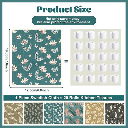 Green Swedish Dishcloths for Kitchen, 6 PCS Swedish Dish Cloths, Super Absorbent Washable Reusable Floral Cloths Dish Towel, No Odor Cellulose Sponge (Dark-Green)
