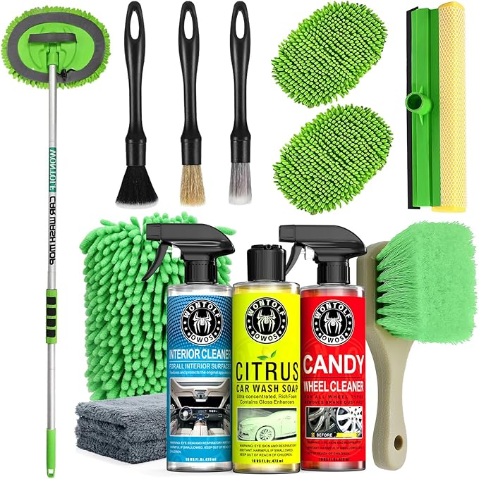 Wontolf 17pc Car Wash Kit, Car Cleaning Kit with Car Wash Brush Long Handle, Car Wash Soap, Interior Cleaner, Wheel Cleaner, Window Squeegee, Car Interior Detailing Kit for Cars Trucks RVs SUVs