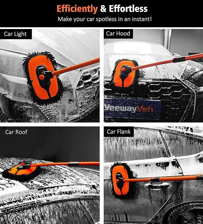 YeewayVeh Car Wash Brush Mop, 15° Curved Pole Car Wash Kit with 3 Chenille Brush Head Covers or RV Truck Camper Cleaning, Orange