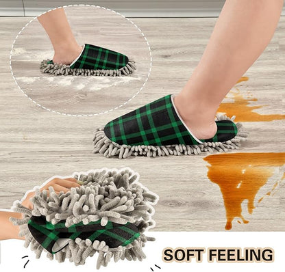 Kigai Microfiber Cleaning Slippers Black Green Plaid Washable Mop Shoes Slipper for Men/Women House Floor Dust Cleaner, Size L