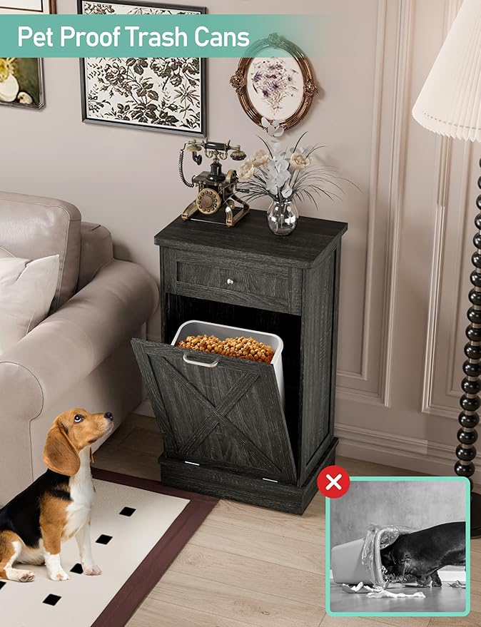 TOLEAD 10 Gallon Tilt Out Trash Can Cabinet Wooden Hidden Trash Cabinet with Solid Wood Top & Drawer, Farmhouse Kitchen Garbage Bin Enclosure Pet Proof Laundry Hamper for Kitchen, Bathroom Grey