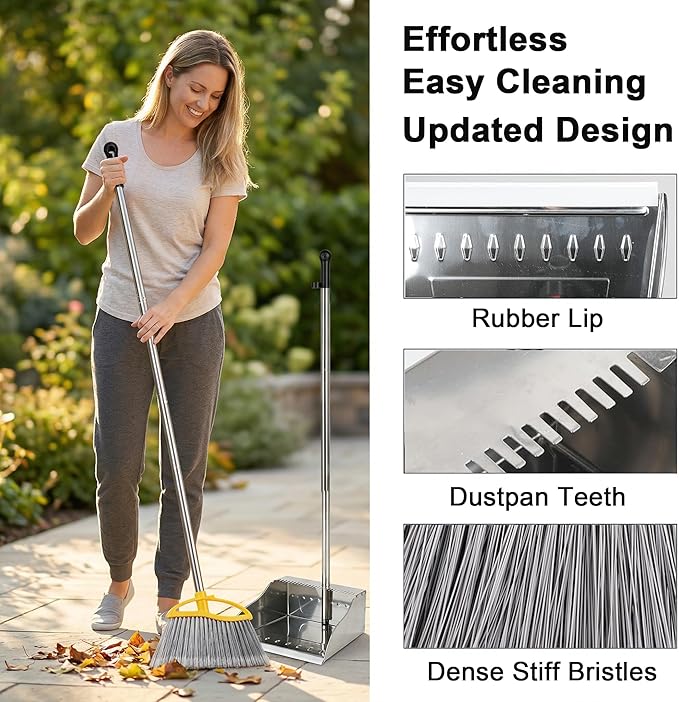 Stainless Steel Dustpan with Outdoor Stiff Bristles Broom,Long Handle Metal Dust Pan and Heavy Duty Broom for Home,Lobby,Office