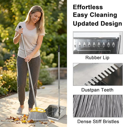 Stainless Steel Dustpan with Outdoor Stiff Bristles Broom,Long Handle Metal Dust Pan and Heavy Duty Broom for Home,Lobby,Office