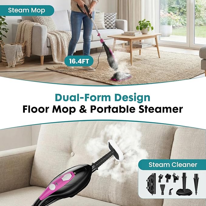 OLIXIS 10-in-1 Steam Mop, 1550W Detachable Handheld Steam Cleaner for Floor Cleaning, 16FT Cord, 2 Washable Pads, Multi-Purpose Floor Steamer for Hardwood, Carpet, Tile, Grout, Windows, Black Pink