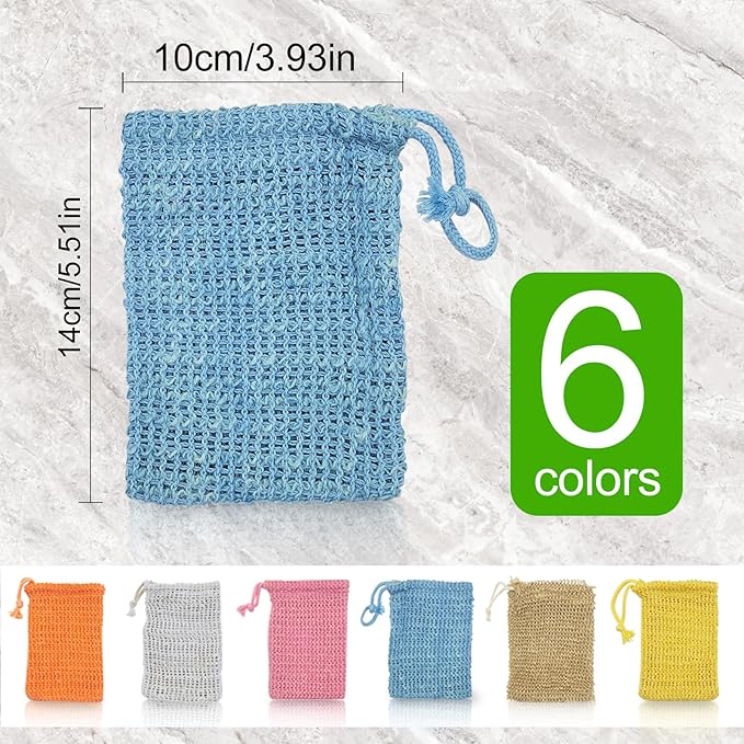 6PCS Sisal Soap Bags, Pouch Soap Saver for Foaming and Drying, Hangable Exfoliating Soaps Pouch with Drawstring for Shower Bath (3.5''x5.5'', Red, Yellow, Orange, Blue, Brown, Beige)