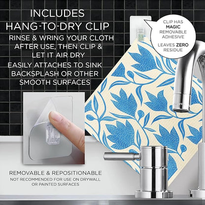 LOLA Swedish Dishcloths XL on a Roll, 30 Sheets, Floral Pattern, Perforated Tear-Off 11" x 10" Sheets w/Hook, Reusable Absorbent Unpaper Towels Cellulose Sponge Cloth Biodegradable Made in Germany