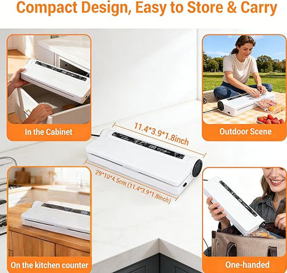 Portable Vacuum Sealer Machine for Food Saver, Compact Mini Bag Sealer+20 Vacuum Storage Bags, One-Touch Automatic Seal In 7-15s for Dry/Wet/Oily Foods,White