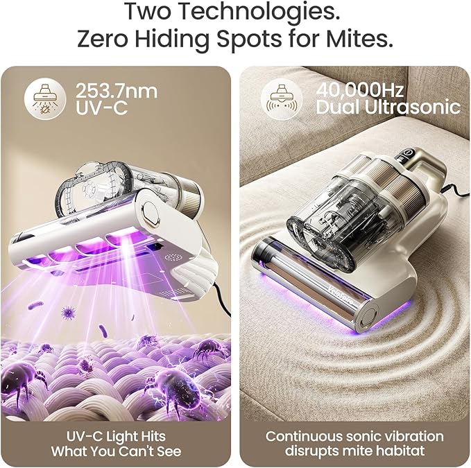 Bed Vacuum Cleaner, 20Kpa Mattress Vacuum Cleaner with 253.7nm UV-C Light & Dual Ultrasonic Tech, 149°F Hot Air, Pet Hair Brush for Cleaning Bed, Sofa, Carpet and Baby Crib