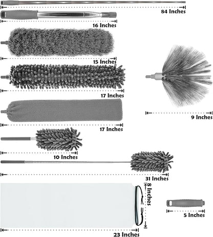 Microfiber Duster with Telescoping Extension Pole(30-100 Inches) Kit, 4 Cleaning Head and 1 Mini-Duster. Reusable, Bendable, Washable Feather Dusters for Cleaning Fans Cobwebs Ceilings Blinds