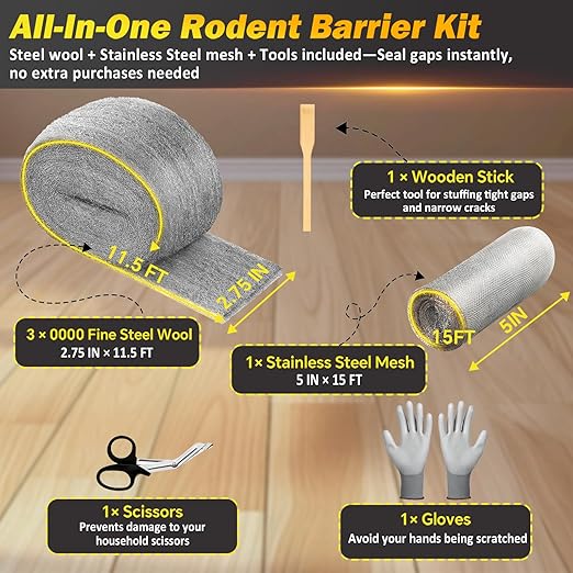 Steel Wool Mice Control - 3 Pack 2.75 in x 11.5 Ft Steel Wool & 1 Pack 5 in x 15 Ft Wire Mesh with Wooden Stick & Gloves & Scissors, Mouse Hole Filler for House Garden Polishing Chrome, Glass